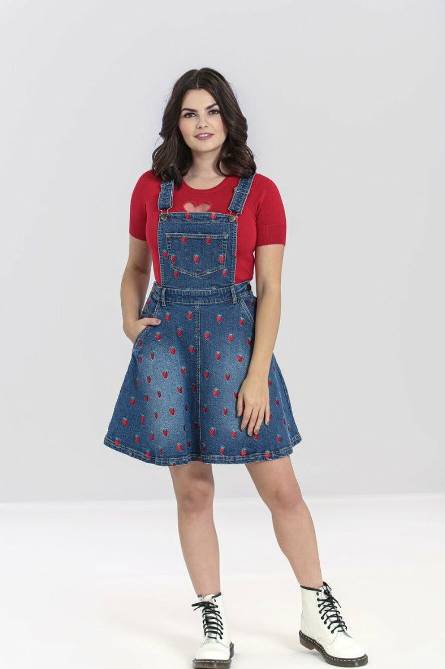 Hell Bunny Strawberry Embroidered Denim Pinafore Dress Blue Sleeveless Sz XS